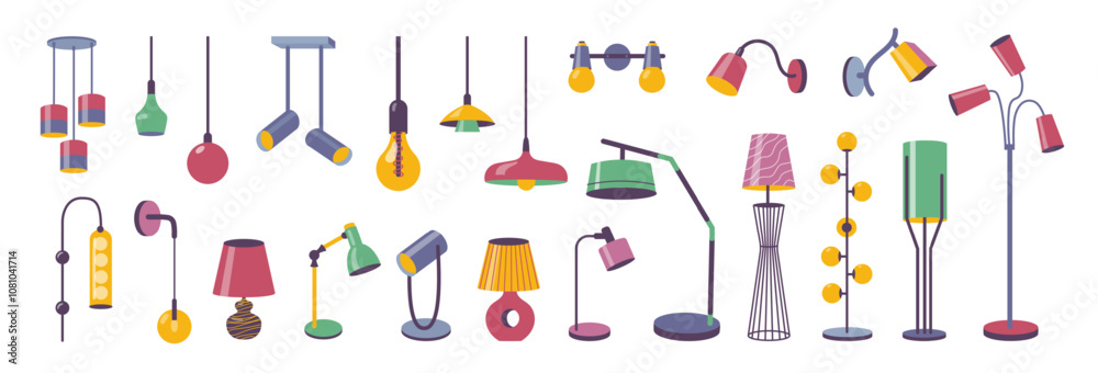 Cartoon interior lamps. Modern home lights, trendy bedside table and floor standing lamps, ceiling chandelier and hanging lampshade. Vector isolated set Cartoon interior lamps. Modern home lights, trendy bedside table and floor standing lamps, ceiling chandelier and hanging lampshade. Vector isolated set