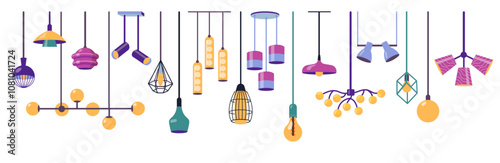 Hanging lamps. Modern ceiling pendant light with different lampshades, creative electric home room decoration, contemporary illumination equipment. Vector isolated set