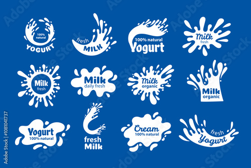 Milk splash labels. Cartoon badges with white liquid drops for dairy product branding design, stickers with cream splatter for packaging. Vector set