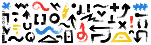 Bold brush sign and shapes. Doodle thick linear arrows and spirals, wavy and curvy lines, abstract blob brush scribbles. Vector sketch set