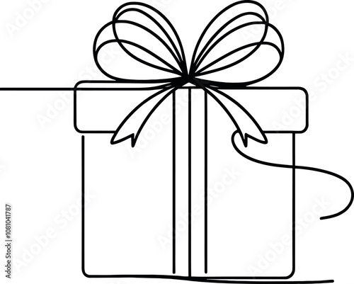 Christmas Present box with ribbon and bow. Continuous one line vector illustration. Wrapped surprise package