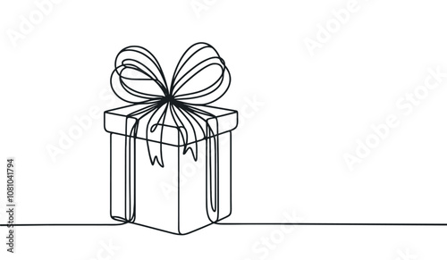 Christmas Present box with ribbon and bow. Continuous one line vector illustration. Wrapped surprise package