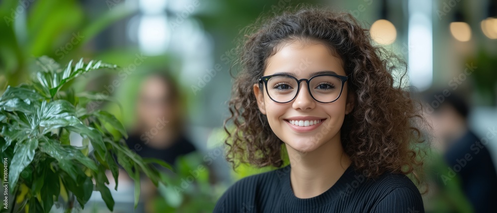 young woman with curly hair and glasses smiles at the camera while sitting in an office surrounded by green plants young woman with curly hair and glasses smiles at the camera while sitting in an office surrounded by green plants