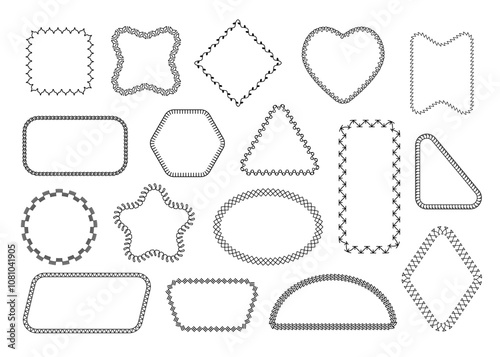Stitch border shape. Embroidery and sewing decorative elements, vintage needlework cross stitch and blanket stitch frame. Vector isolated set