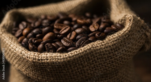 Rich roasted coffee beans in burlap sack on wooden table