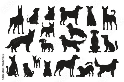 Dogs silhouettes. Black doggy shapes different breeds, cute domestic animals standing walking sitting. Vector puppy collection