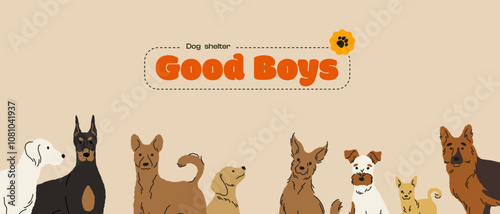 Dog shelter banner. Hand drawn cute dogs for pet shop or animal adoption flyer design. Vector cartoon dog characters for poster