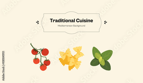 Italian food banner. Abstract poster with traditional mediterranean pasta basil tomato, decorative elements for restaurant menu design. Vector illustration