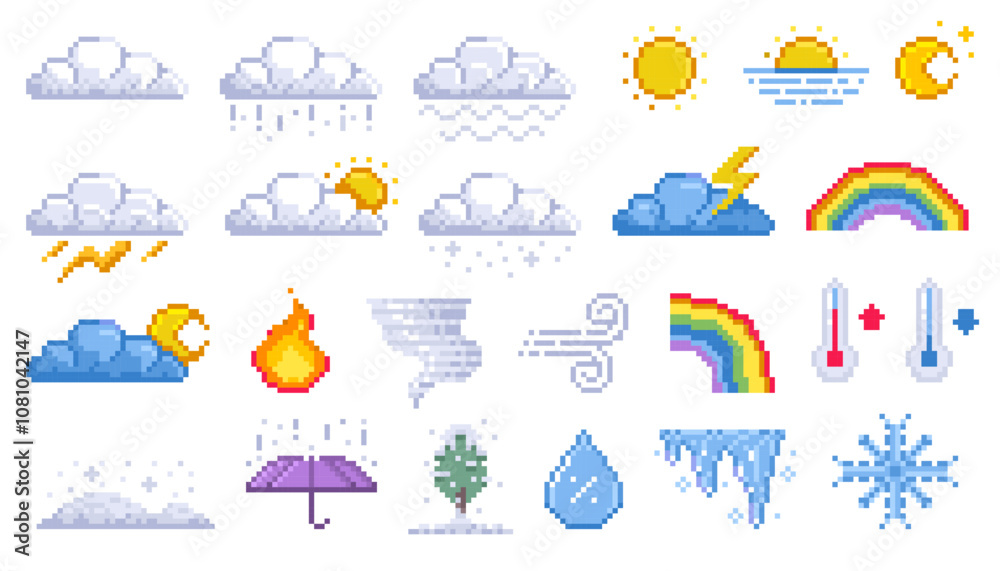 Fototapeta premium Pixel weather icons. Cartoon 8 bit game assets of sun rain snow thunderstorm wind and cloudiness. Vector weather forecast symbols isolated collection