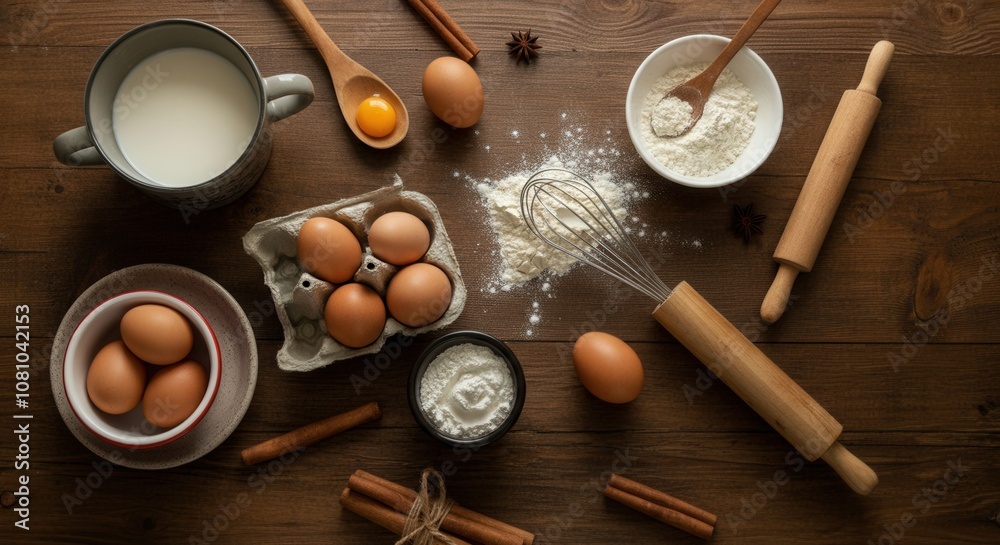 Rustic baking ingredients on wooden kitchen table