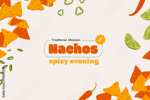Nachos framing. Cartoon mexican traditional food, crispy corn chips with cheese jalapenos chilly, unhealthy fast snack. Vector banner set