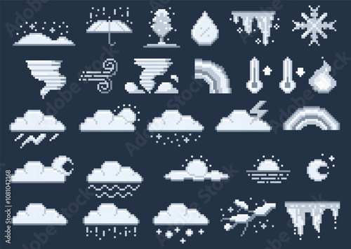 Weather 8-bit symbols. Retro game weather icons, sun cloud rain and snow, meteorology forecast and climate indicator. Vector isolated set