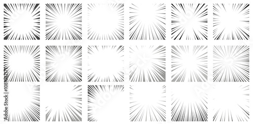 Manga radial frame. Anime circle borders with different concentrated line decorations. Speed and impact starburst vector illustration set