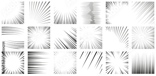 Manga cartoon frame. Comic book page with action dynamic burst lines, fast movement anime effect. Vector manga illustration set