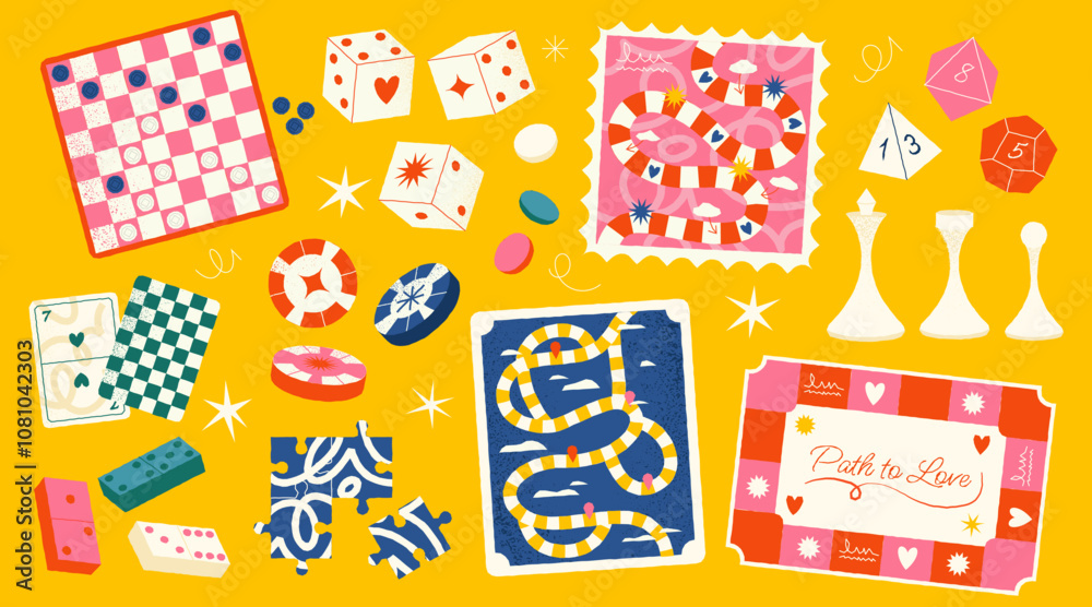 Fototapeta premium Cartoon board games. Family fun table strategy and competition games with dice and map, various family and party recreation. Vector isolated set