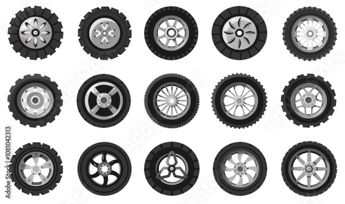 Cartoon car wheels. Tire rim disk with rubber, transport vehicle auto parts, automotive circle tire wheel disk spoke protector. Vector isolated set
