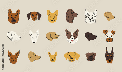 Cartoon dog heads. Funny puppy face icons, cute domestic animals different breeds heads, funny dog face mascot. Vector isolated collection