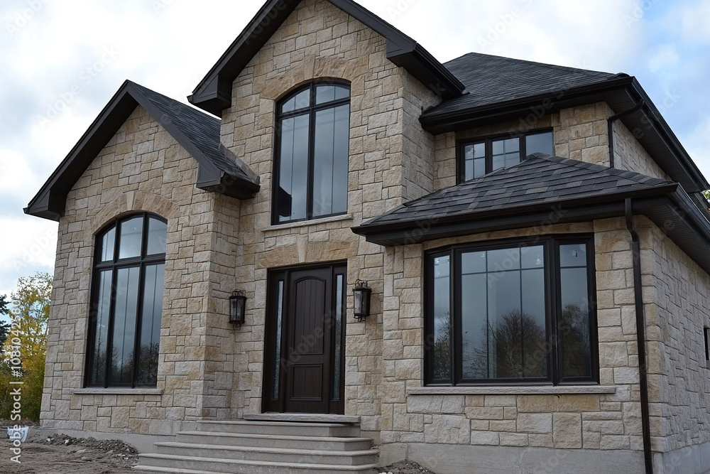 The exterior front view of an elegant two-story home in Canada with stone accents, black windows, and doors. The house has three arched windows on each floor and is built from sandstone blocks. The exterior front view of an elegant two-story home in Canada with stone accents, black windows, and doors. The house has three arched windows on each floor and is built from sandstone blocks.