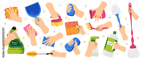 Hands holding cleaning tools. Cartoon woman housekeeper with brushes duster mop bucket gloves, vector housework equipment set