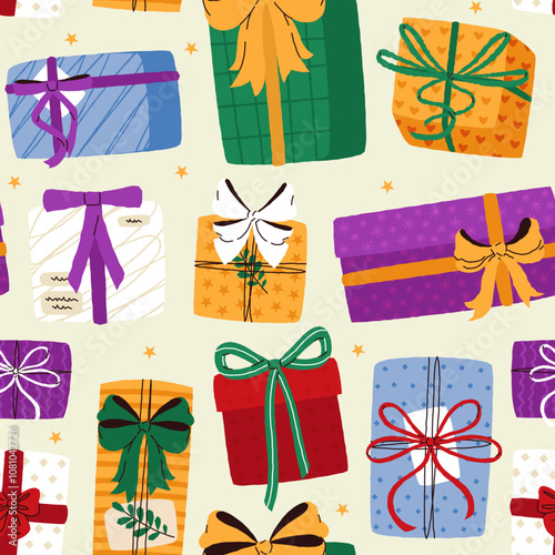 Gift box pattern. Seamless print of colorful sale shopping bags, holiday present packaging with ribbons for advertisement banner. Vector texture.