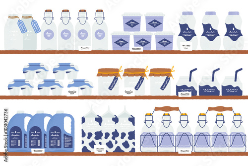 Dairy on shelves. Supermarket interior with milk, butter, cheese and yogurt on store shelves. Vector milk products packaging in line illustration