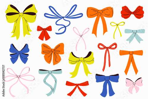 Ribbon bows. Decorative bowknot with colorful ribbons different shapes and sizes, flat tied bowtie for gift package decor celebration. Vector set