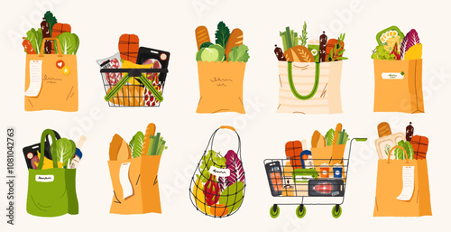 Shopping bags and baskets. Plastic paper and fabric bags for grocery, supermarket and store package with vegetables and dairy. Vector isolated set