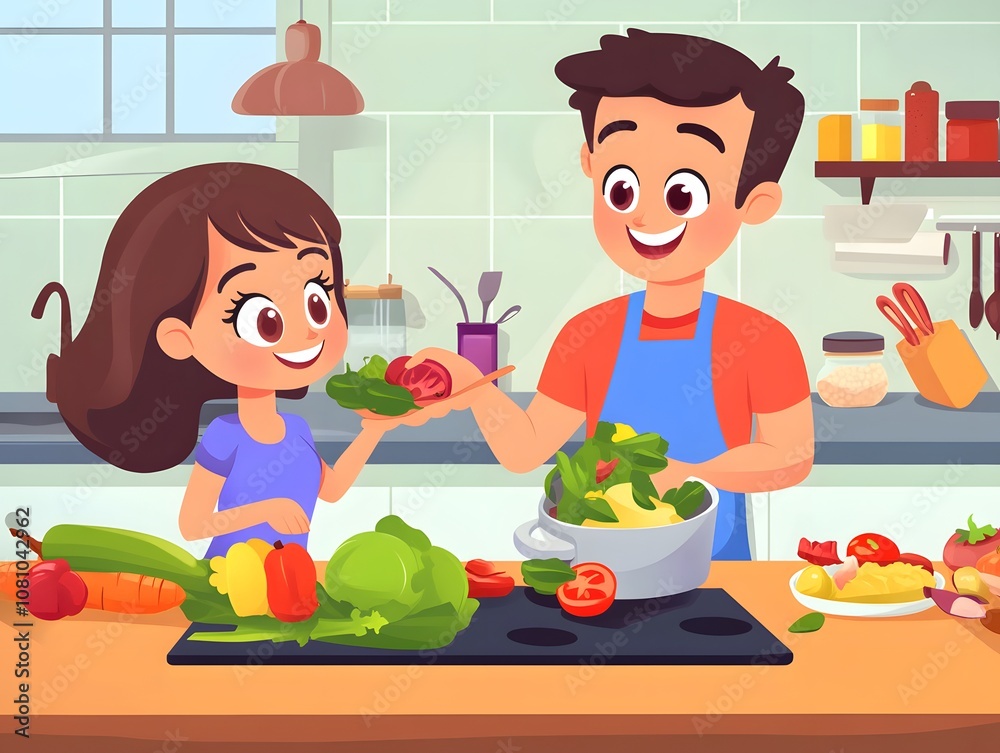 Young family cooking healthy food together in the kitchen Young family cooking healthy food together in the kitchen