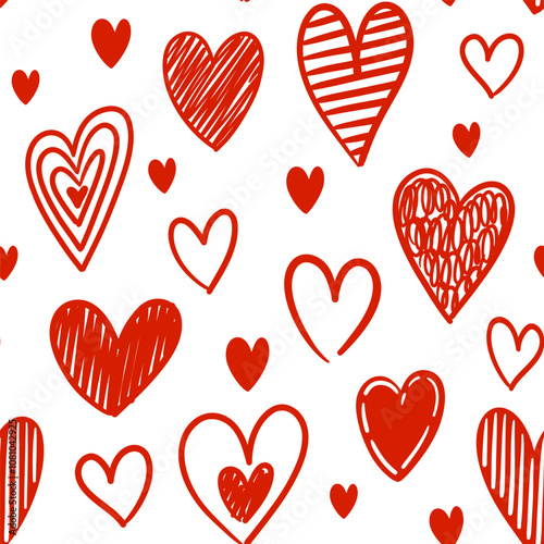 Red heart doodle pattern. Seamless print of abstract cute hand drawn valentines day symbols, romantic holiday decoration. Vector texture
