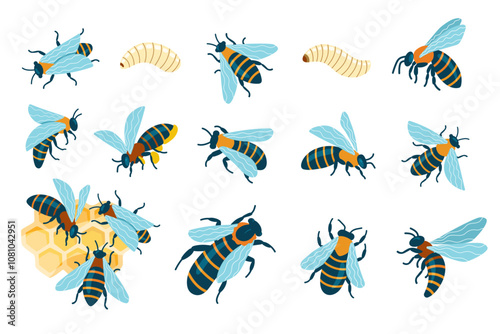 Cartoon bees insects. Cute flying striped bug, funny buzzing wasp and honeybee, cheerful small winged insect with stings. Vector isolated set