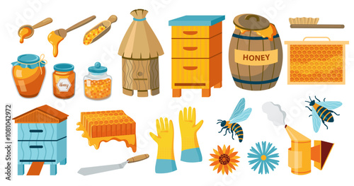 Cartoon honey collection. Doodle bee honeycomb beehive bee drops, sweet golden liquid product, organic bee nutrition food flat style. Vector isolated set