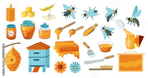 Honey and apiary products. Beekeeping bee honeybee products, beehive honeycomb beekeeper tools, glass jar with liquid nectar. Vector cartoon set
