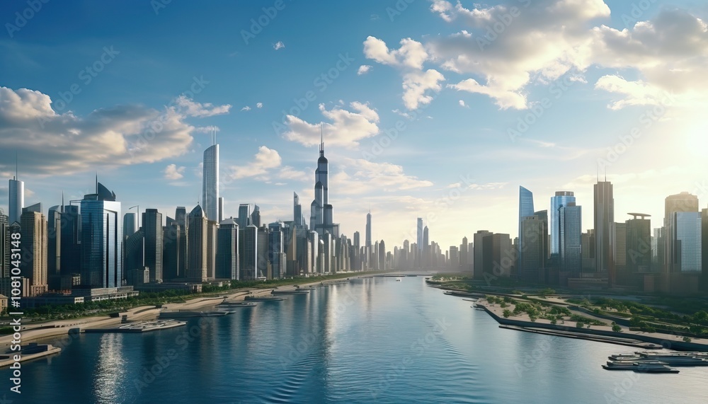 Fototapeta premium Sunlit City Skyline on the River - AI generated