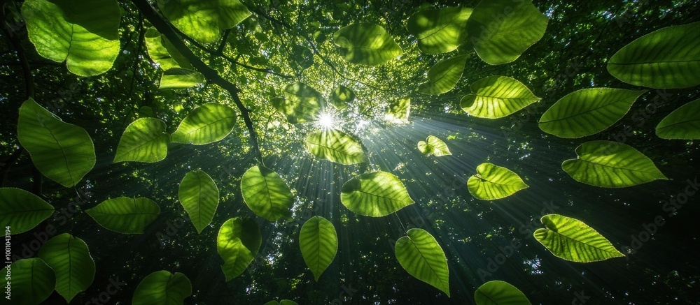 Sunlight shining through lush green leaves of a tree canopy. Sunlight shining through lush green leaves of a tree canopy.