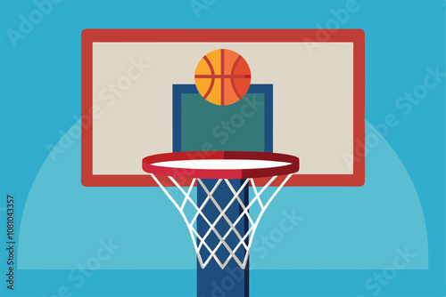 A clean basketball enters the hoop, showcasing a modern and vibrant design in a playful environment, A clean and modern representation of a basketball hoop and net