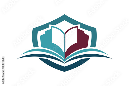 This illustration features a book integrated within a shield design, symbolizing knowledge and learning, A clean and simple illustration of a book as a logo for a school