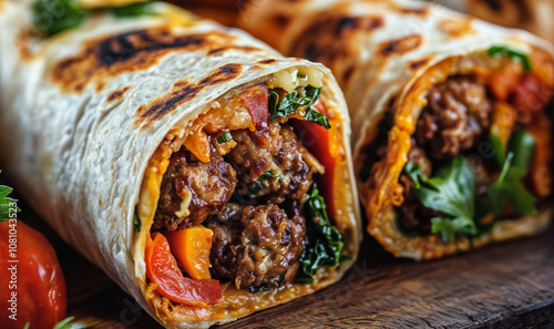 close up fresh kofta skewer wrap, juicy turkish dish with meat