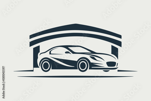 A sleek car is showcased under a contemporary canopy at a vibrant car show during the afternoon, A clean and sophisticated depiction of a car showroom, minimalist simple modern vector logo design