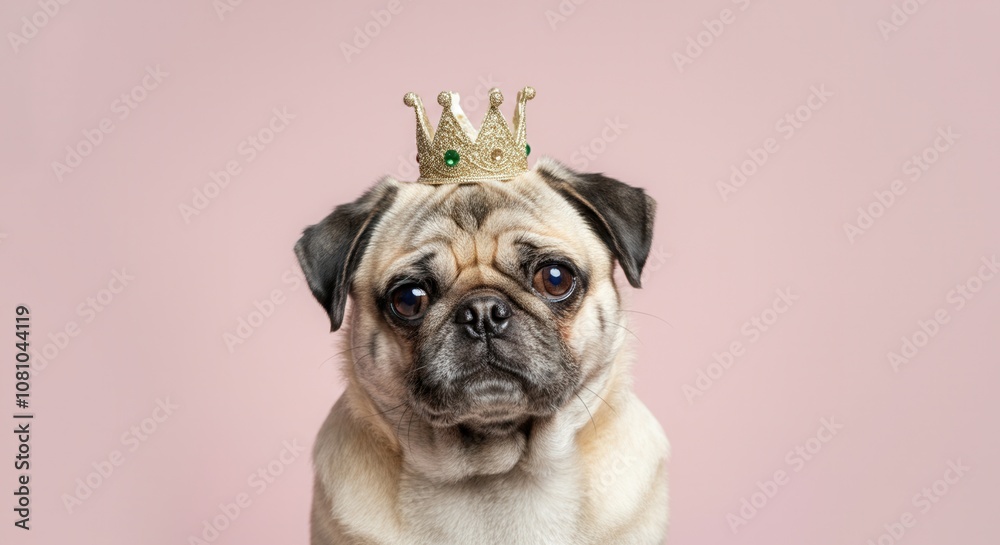 Pug dog wearing golden crown on pink background Pug dog wearing golden crown on pink background