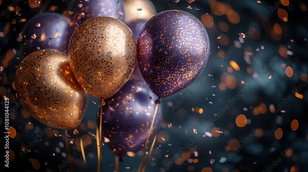 A group of colorful balloons in gold and purple with glitter against a blurred festive background, creating a celebratory atmosphere.