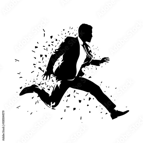 Illustration of silhouette of jumping business man with dispersion effect. Man in suit and tie is captured in dynamic jump. Change, innovation, energy, motivation, success, achieving goals