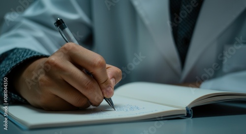 Professional man writing in notebook at desk