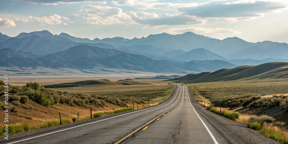 Naklejka premium Rolling hills and mountains in the distance along a long empty highway asphalt road, landscape, terrain, hills, outdoors