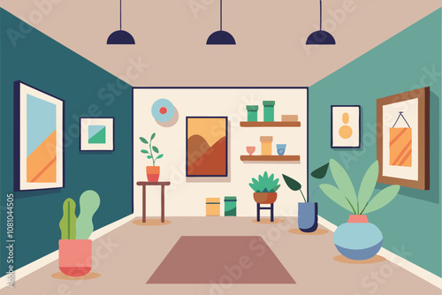The inviting art gallery showcases minimal decor and vibrant plants, creating a warm atmosphere for visitors, A cozy and intimate art gallery with a minimalist approach to showcasing artwork