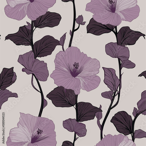 Elegant hibiscus stems in a hand-drawn tropical design, rich purple and muted black tones, trendy pattern wallpaper vector illustration for stylish home decor.