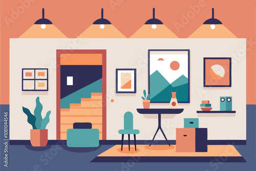 The space showcases elegant artwork with warm lighting, creating a cozy atmosphere for visitors, A cozy and intimate art gallery with a minimalist approach to showcasing artwork
