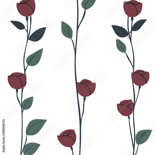 Trendy romantic design with rose stems in red and green on white, hand-drawn pattern perfect for home decor and wallpaper, vector illustration.