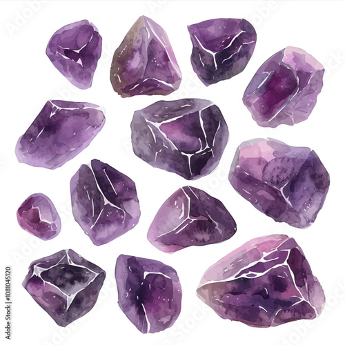 A watercolor clipart of a set of amethyst stones, isolated on a white background. Amethyst stones vector.