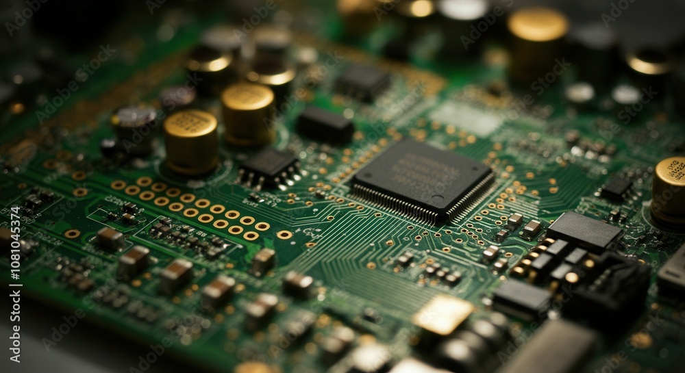 Close-up of intricate electronic circuit board with microchips Close-up of intricate electronic circuit board with microchips