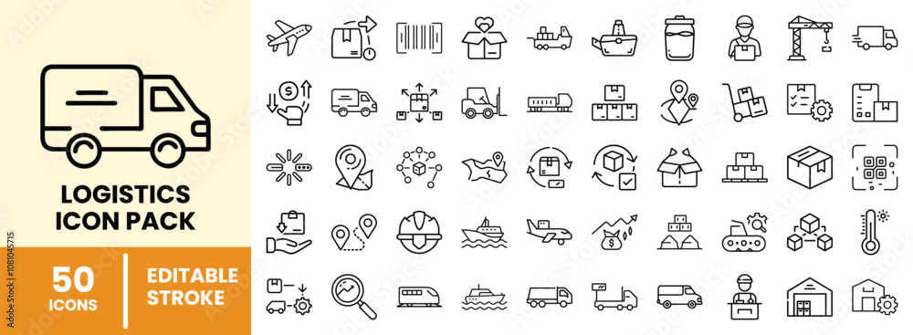 Fototapeta premium 50 Editable Logistics Icons for Supply Chain and Delivery